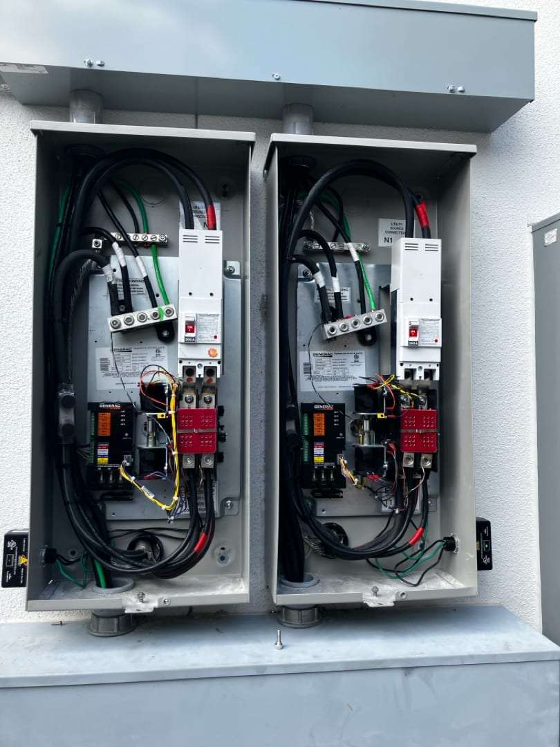 Automatic transfer switches wired out with the doors open